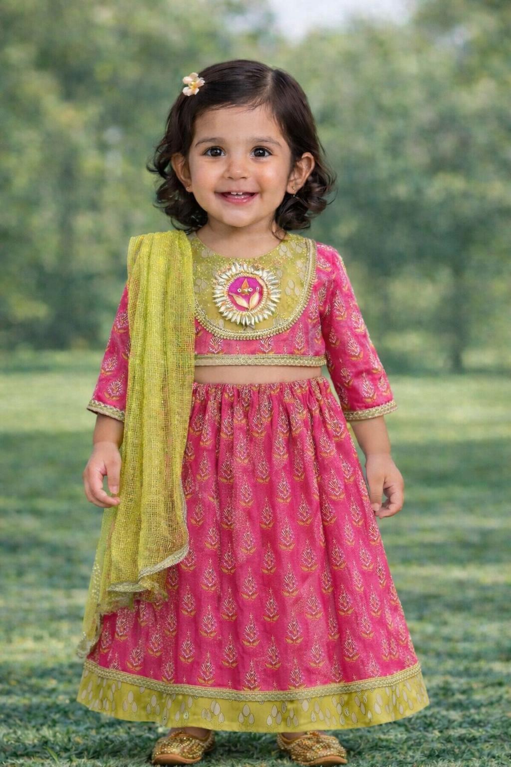 Pspeaches Baby Girls Pink Ethnic Booti Print Cotton Circular Lehenga & Choli With Dupatta ( Sku-Ing-Lgreenfoil )
