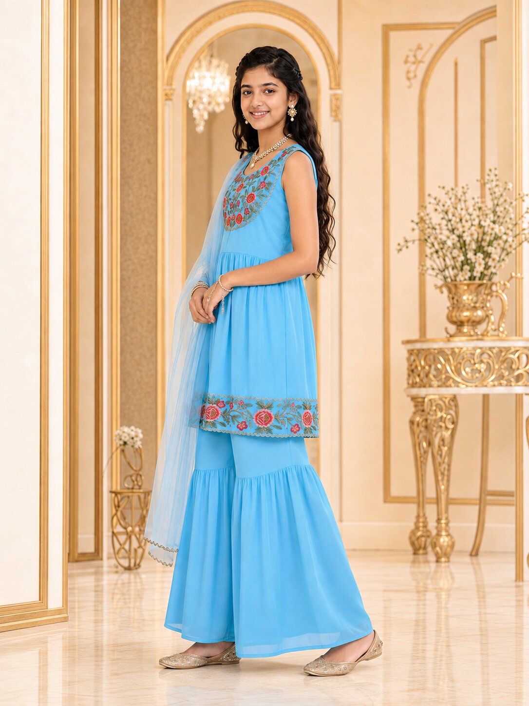 Pspeaches Girls Georgette Sleeveless Round Neck Embroidered Firozi Kurti & Sharara With Dupatta 3 Piece Set