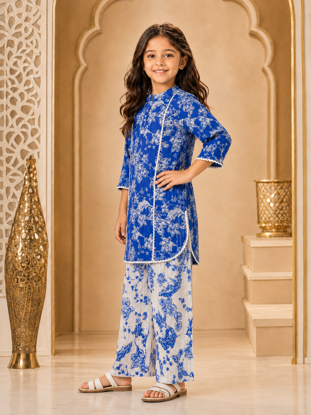 Girls Floral Printed Straight Fit Kurta With Pant (KS-FLORALBLUE)