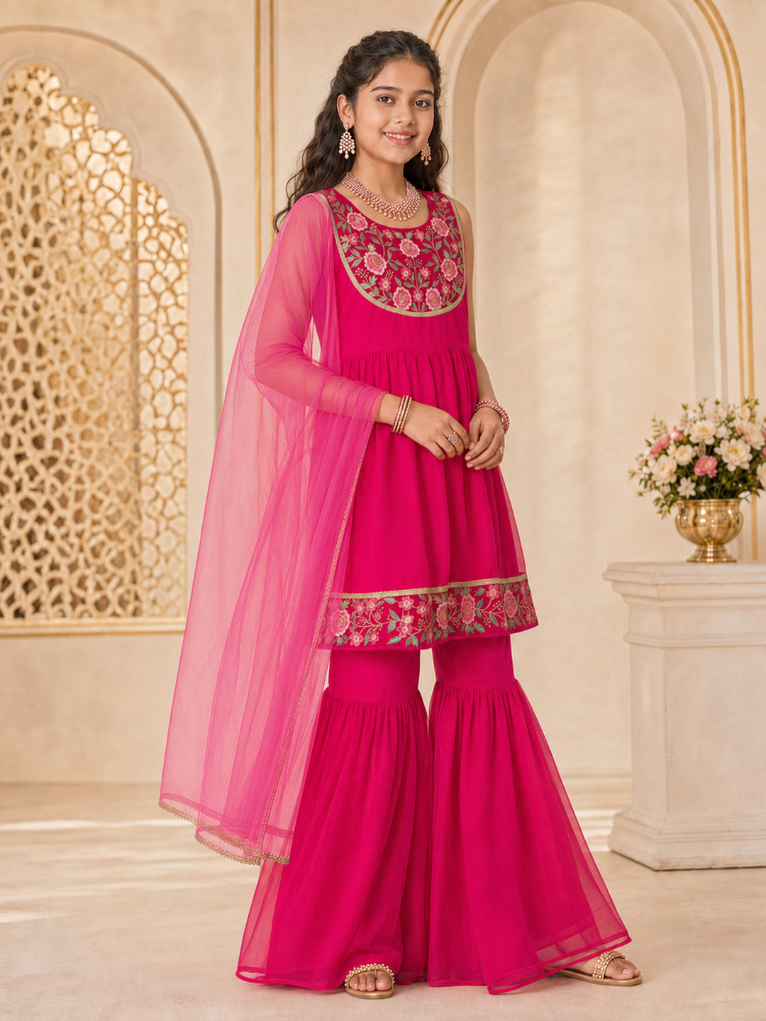 Pspeaches Girls Georgette Sleeveless Round Neck Embroidered Magenta Kurti & Sharara With Dupatta 3 Piece Set