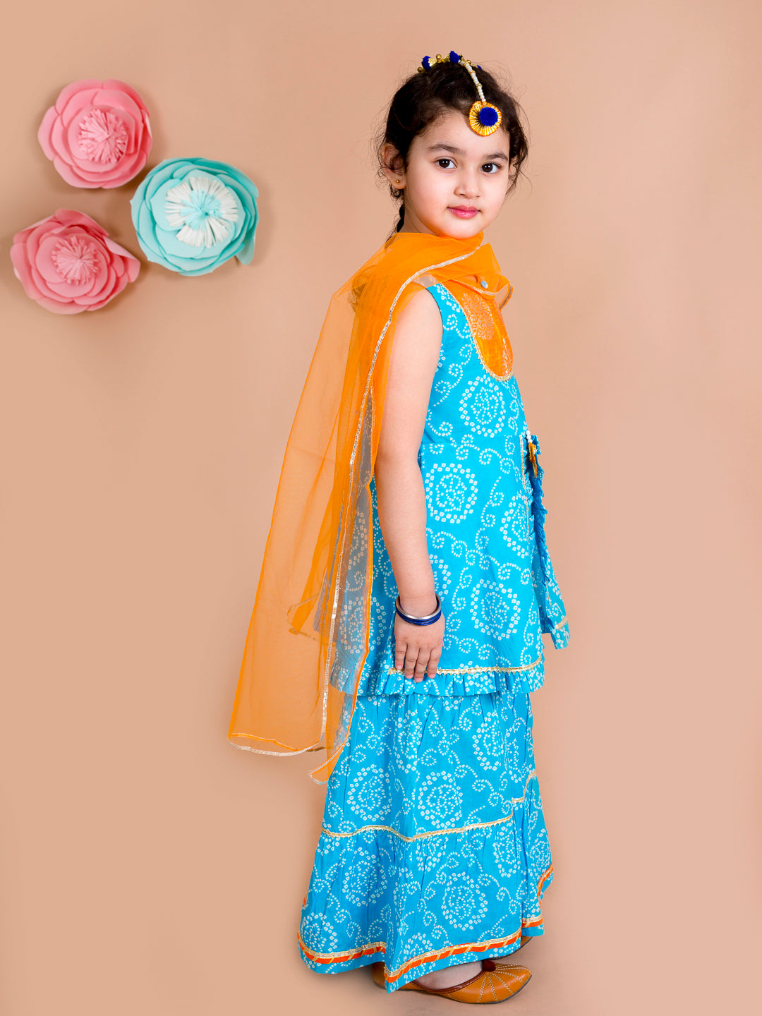 Pspeaches Girls Blue Bandhani Printed Panelled Gotta Patti Pure Cotton Kurti With Sharara With Dupatta (SHA-BLUE BANDHNI)