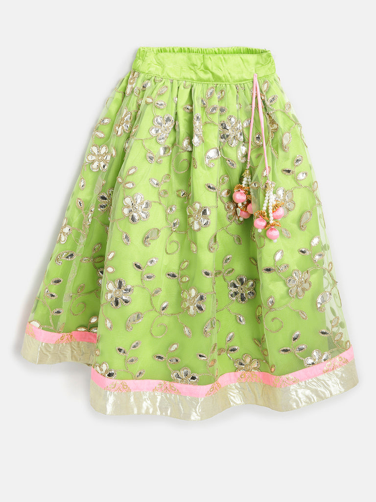 Pspeaches Girls Lime Green Pink Printed Ready To Wear Lehenga Blouse With Dupatta (L-GREEN GOTA)