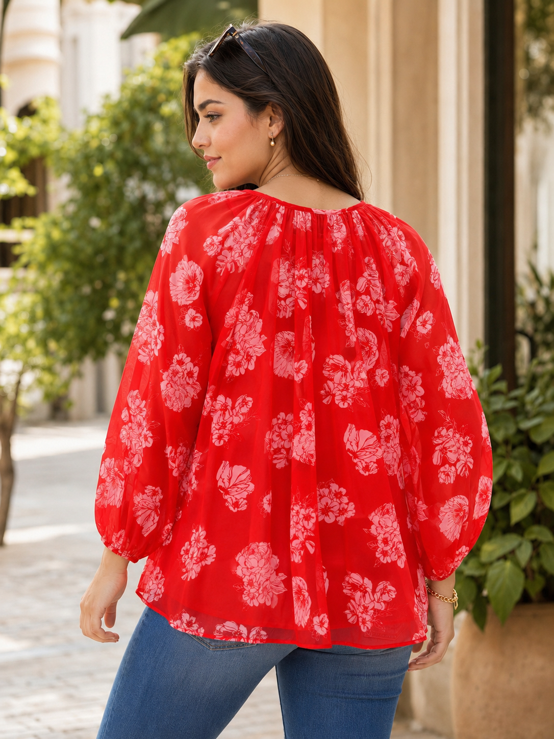 Pspeaches Women Georgette Full Sleeves Round Neck Floral Print Top With Camisole - Red