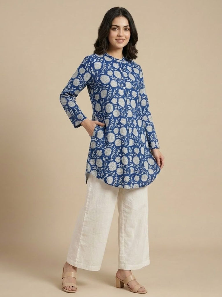 Pspeaches Women Cotton 3/4Th Sleeves Mandarin Collar Floral Print Kurta With Pant 2 Piece Set - Blue & White