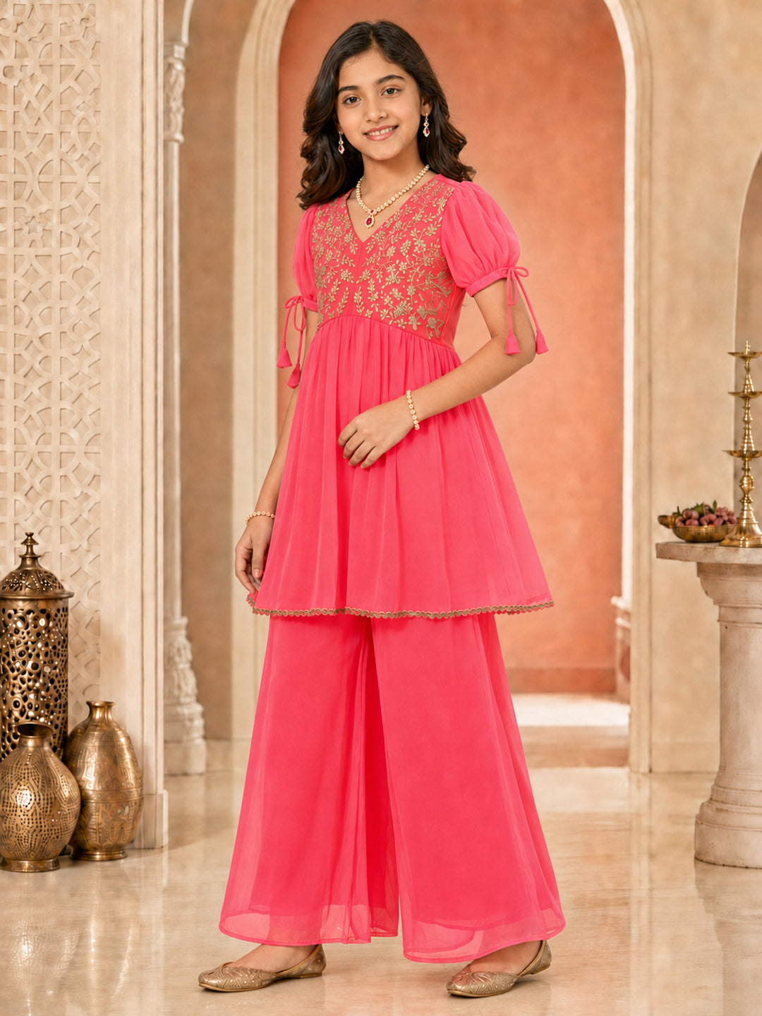 Pspeaches Girls Georgette Half Sleeves V-Neck Embroidered Peach Kurti & Palazzo 2 Piece Set