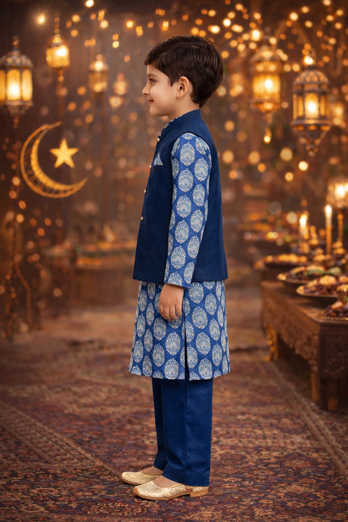 Pspeaches Boys Blue Ethnic Motif Cotton Straight Fit Kurta With Pyjama & Jacket ( Sku-Kp-Bluevich )