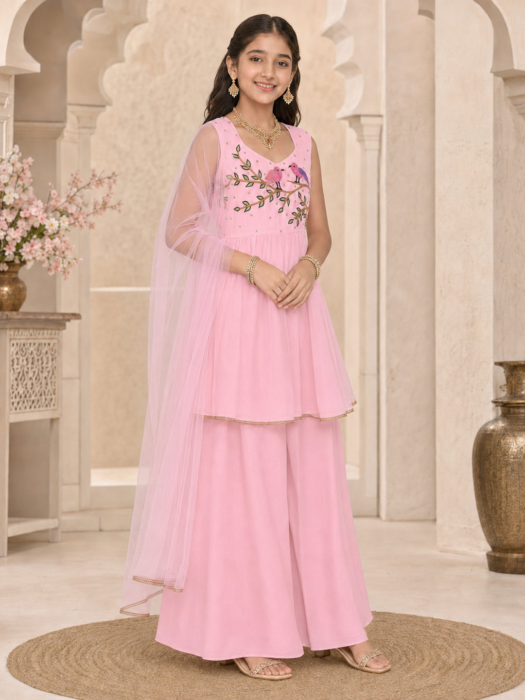 Pspeaches Girls Georgette Sleeveless Square Neck Embroidered Pink Kurti & Palazzo With Dupatta 3 Piece Set