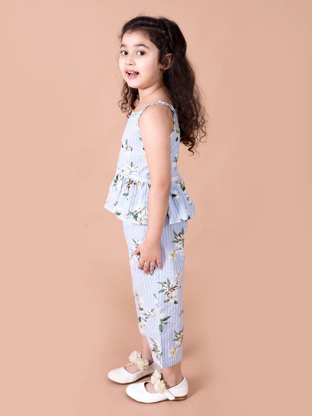 Pspeaches Girls Blue Floral Printed Top With Trousers (S-FLORAL LILY)