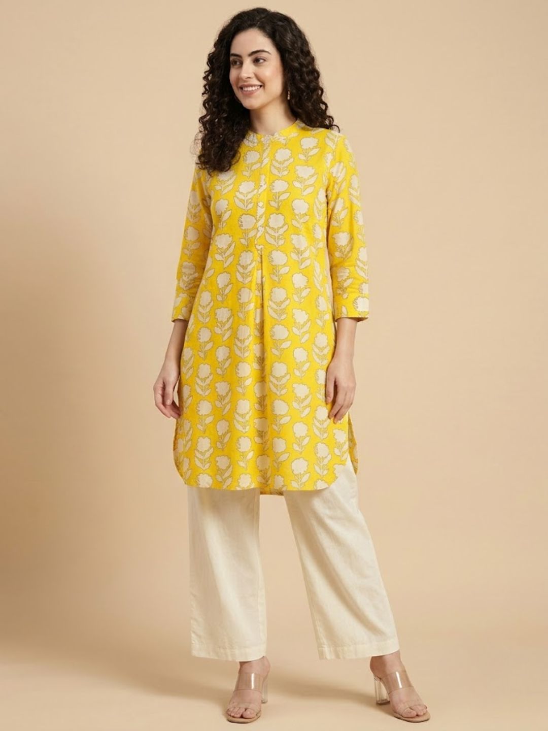 Pspeaches Women Cotton Full Sleeves Mandarin Collar Floral Print Kurta With Pant 2 Piece Set - Yellow & White
