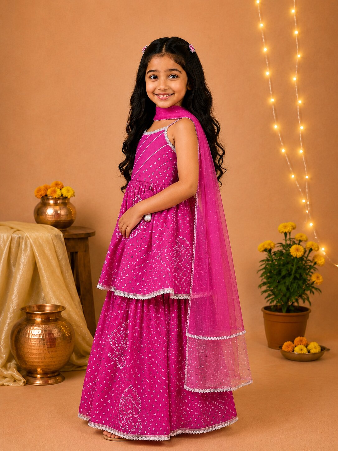 Pspeaches Girls Ethnic Magenta Bandhani Printed Cambric Asymmetric Kurta Sharara Set With Dupatta (Sku-Sha-Magentabandhni)