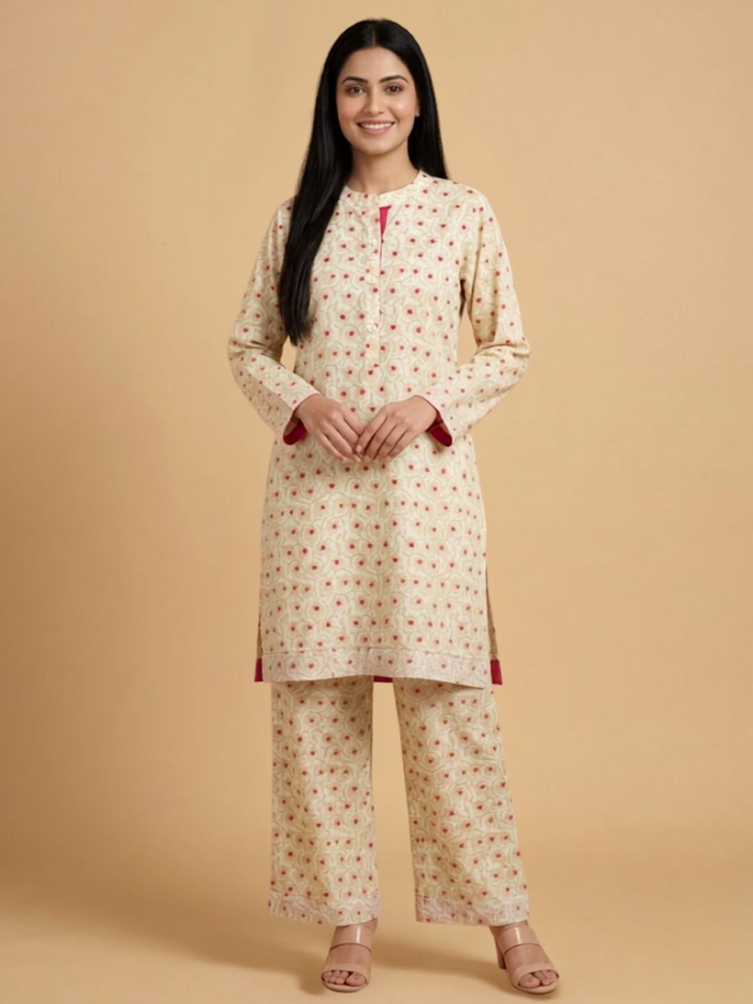 Pspeaches Women Cotton Full Sleeves Mandarin Collar Floral Print Kurta With Pant 2 Piece Set - Beige