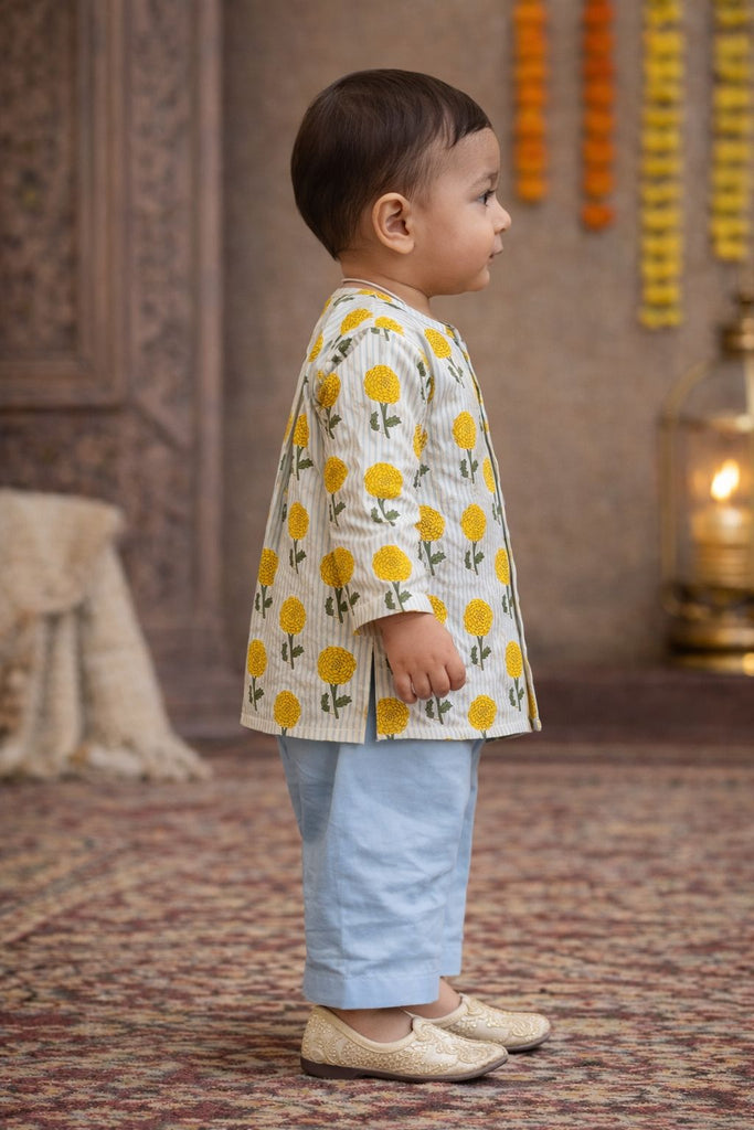 Pspeaches Baby Boys Blue & White Booti With Stripe Print Cotton A-Line Kurta With Pyjama Set ( Sku-Inb-Bluestripes )