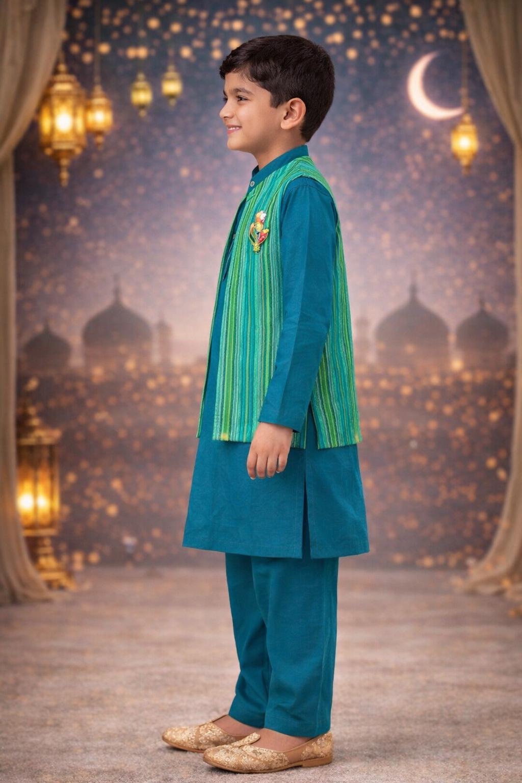 Pspeaches Boys Teal Green Ethnic Solid Cotton Slub Straight Fit Kurta With Pyjama & Jacket ( Sku-Kp-Bluemsulin )