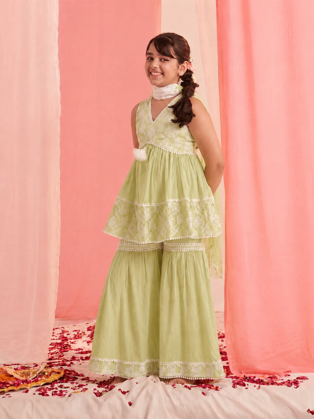 Pspeaches Girls Ethnic Lime Green Floral Printed Cotton A-Line Kurta Sharara Set With Dupatta (Sku-Sha-Limewtnet)