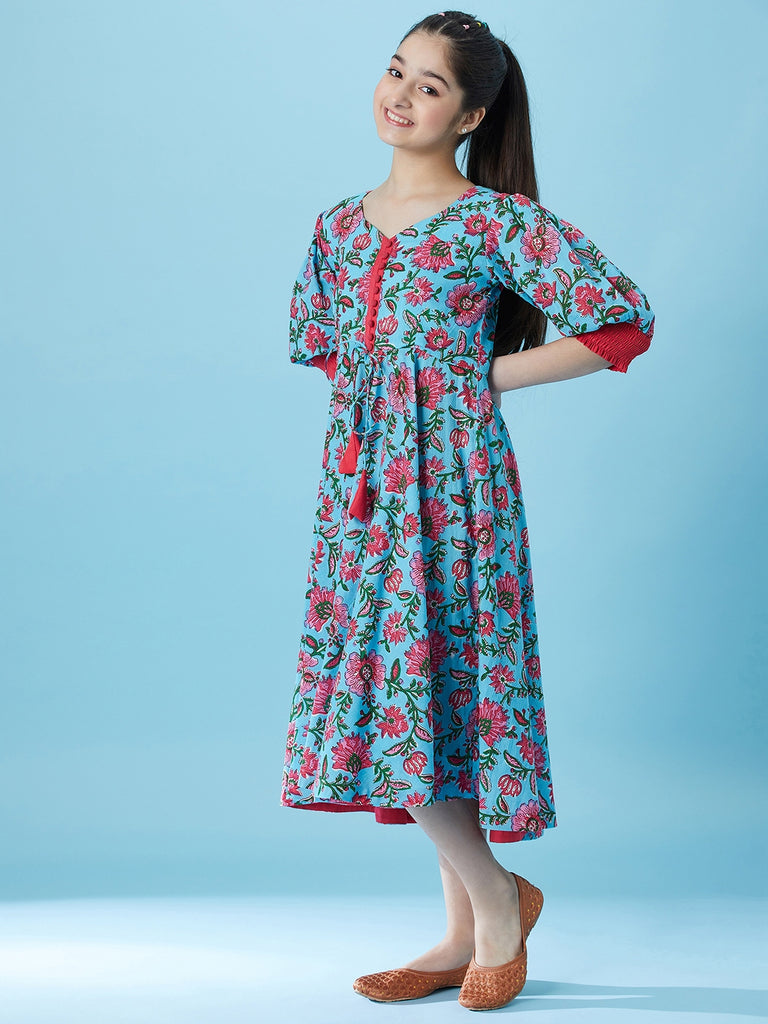 Pspeaches Girls Floral Printed Fit & Flare Cotton Midi Dress (IW-JAALBLUE)