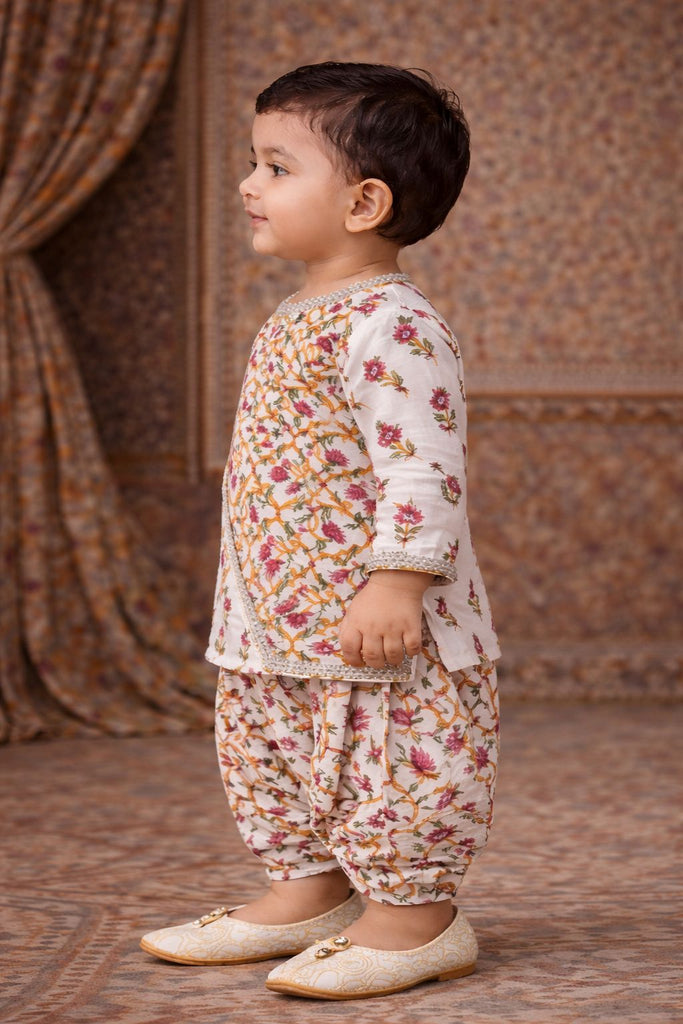 Pspeaches Baby Boys White Booti Print Cotton Angrakha Kurta With Dhoti Pant ( Sku-Inb-Dhotiprint )