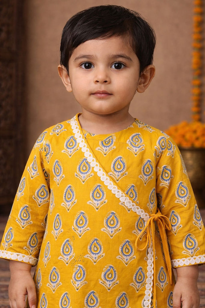 Pspeaches Baby Boys Mustard Ethnic Booti Print Cotton Angrakha Kurta With Pyjama Set ( Sku-Inb-Yellowbooti )