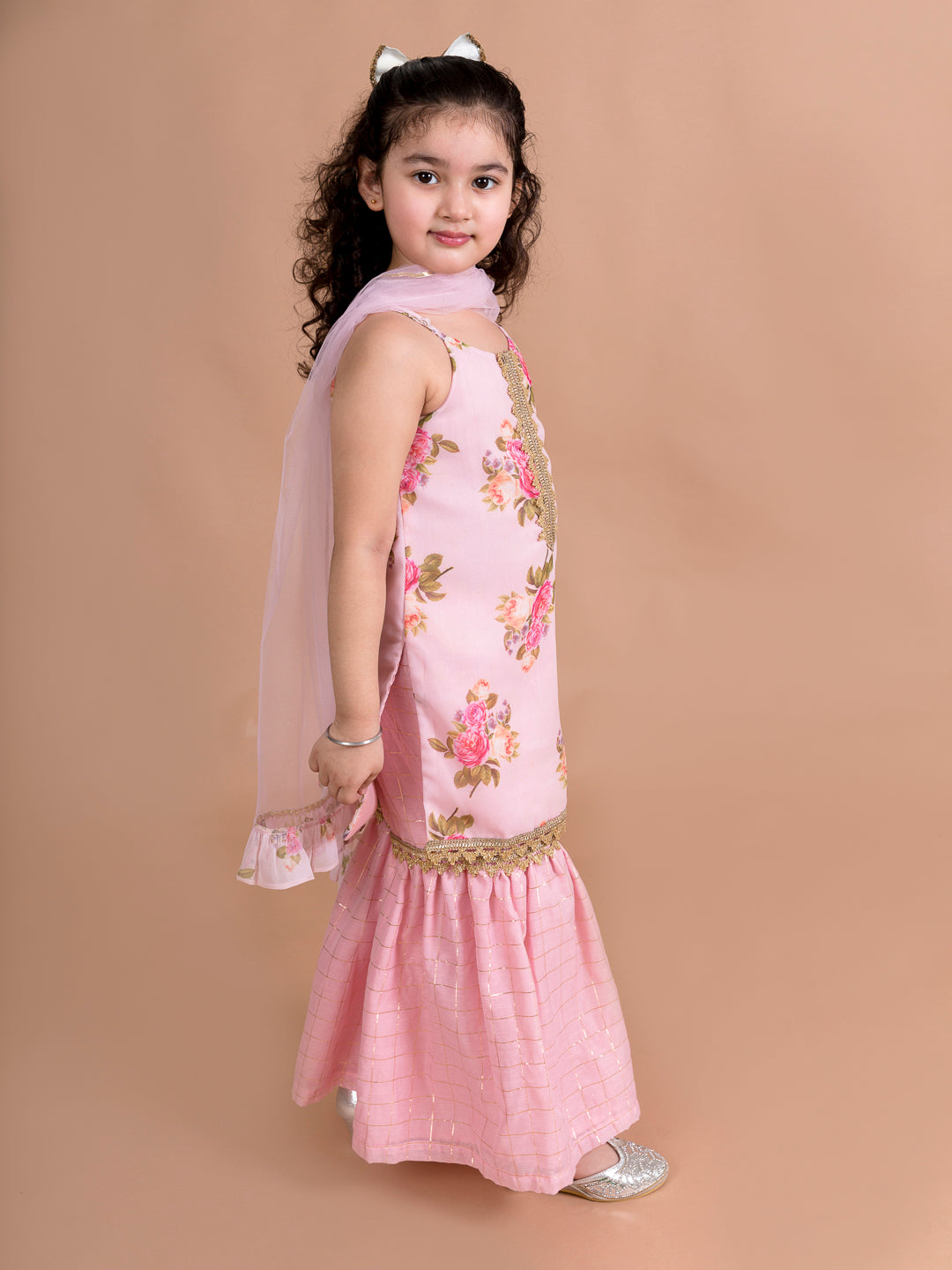 Pspeaches Girls Pink Floral Printed Kurti With Sharara With Dupatta (SHA-PINK GGT)