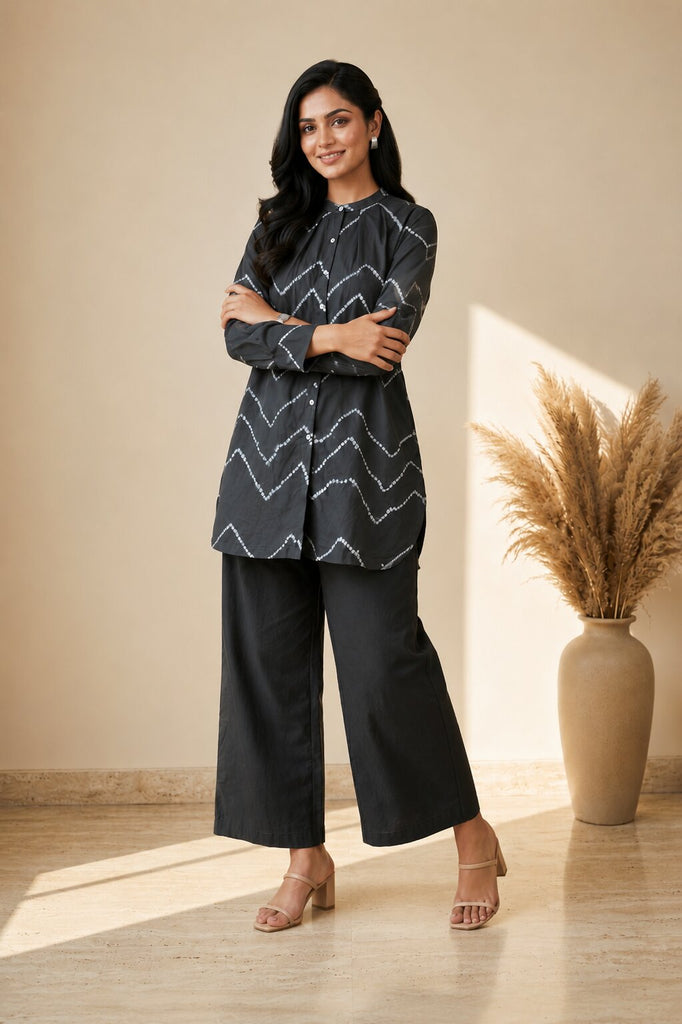 Pspeaches Women Cotton Full Sleeves Mandarin Collar Bandhani Print Kurta With Pant 2 Piece Set - Black