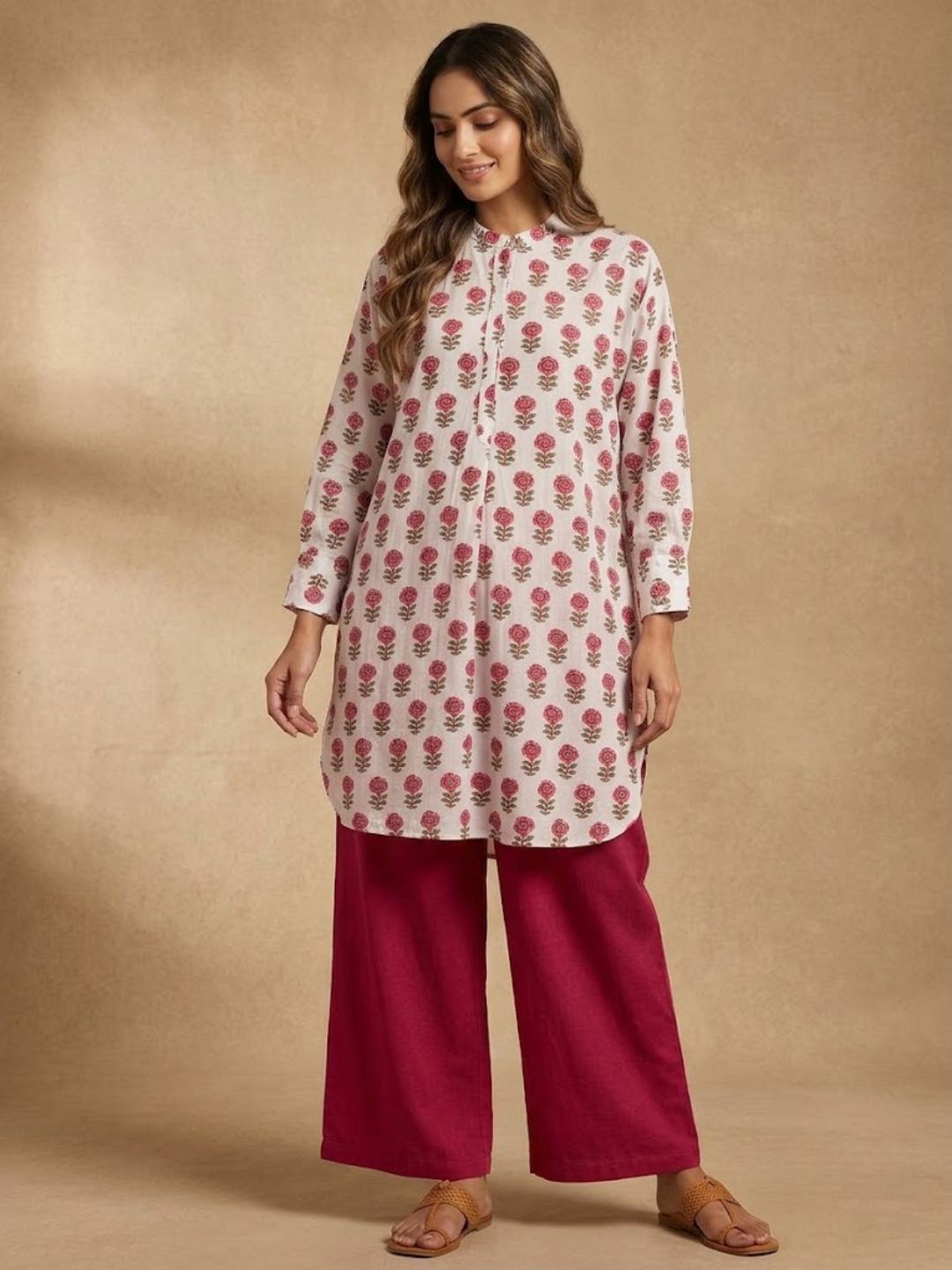 Pspeaches Women Cotton Full Sleeves Mandarin Collar Floral Print Kurta With Pant 2 Piece Set - White & Maroon