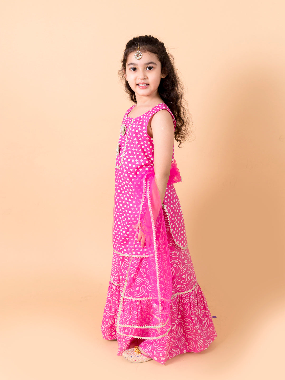 Pspeaches Girls Purple Polka Dot print A-Line Pure Cotton Kurta with Sharara & Dupatta (SKU-Sha-Purplebandhej)
