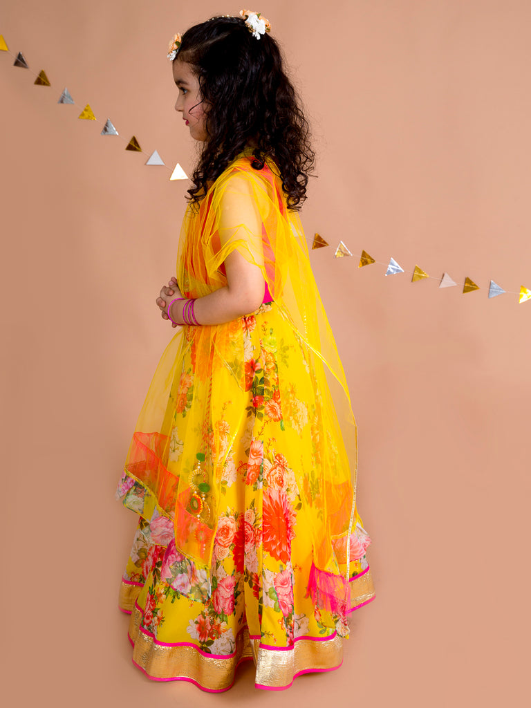 Pspeaches Girls Yellow Pink Embroidered Ready To Wear Lehenga Blouse With Dupatta (L-YELLOW FLORAL GGT)