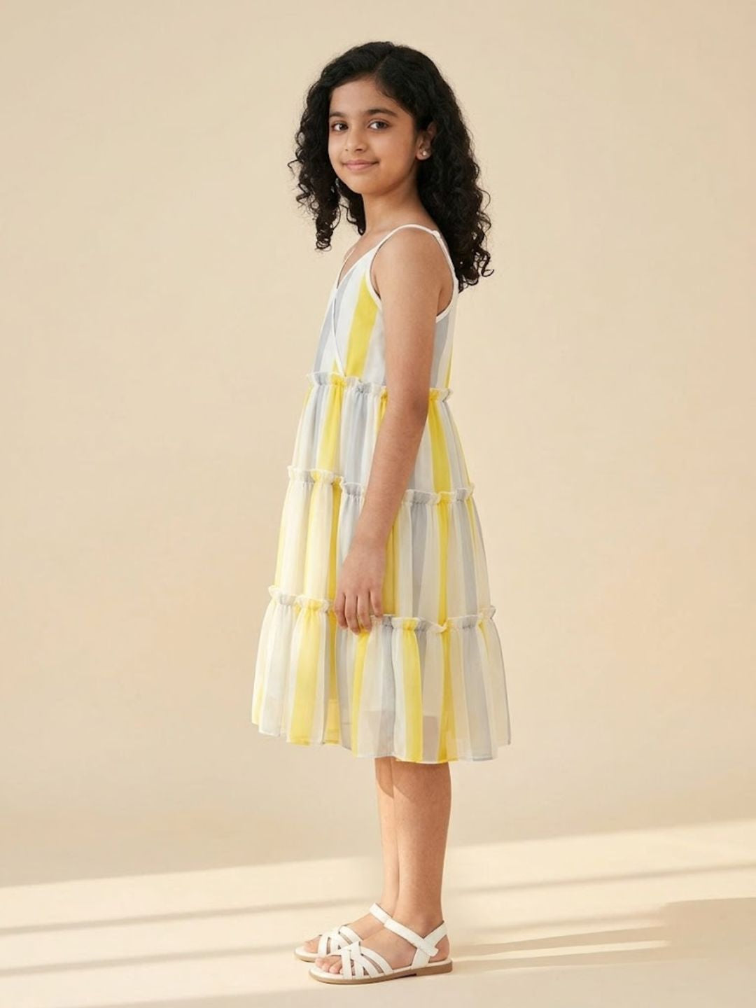 Girls Multicolor Striped Sleeveless Asymmetric Dress (D-GREYYELLOWSTRIPE)