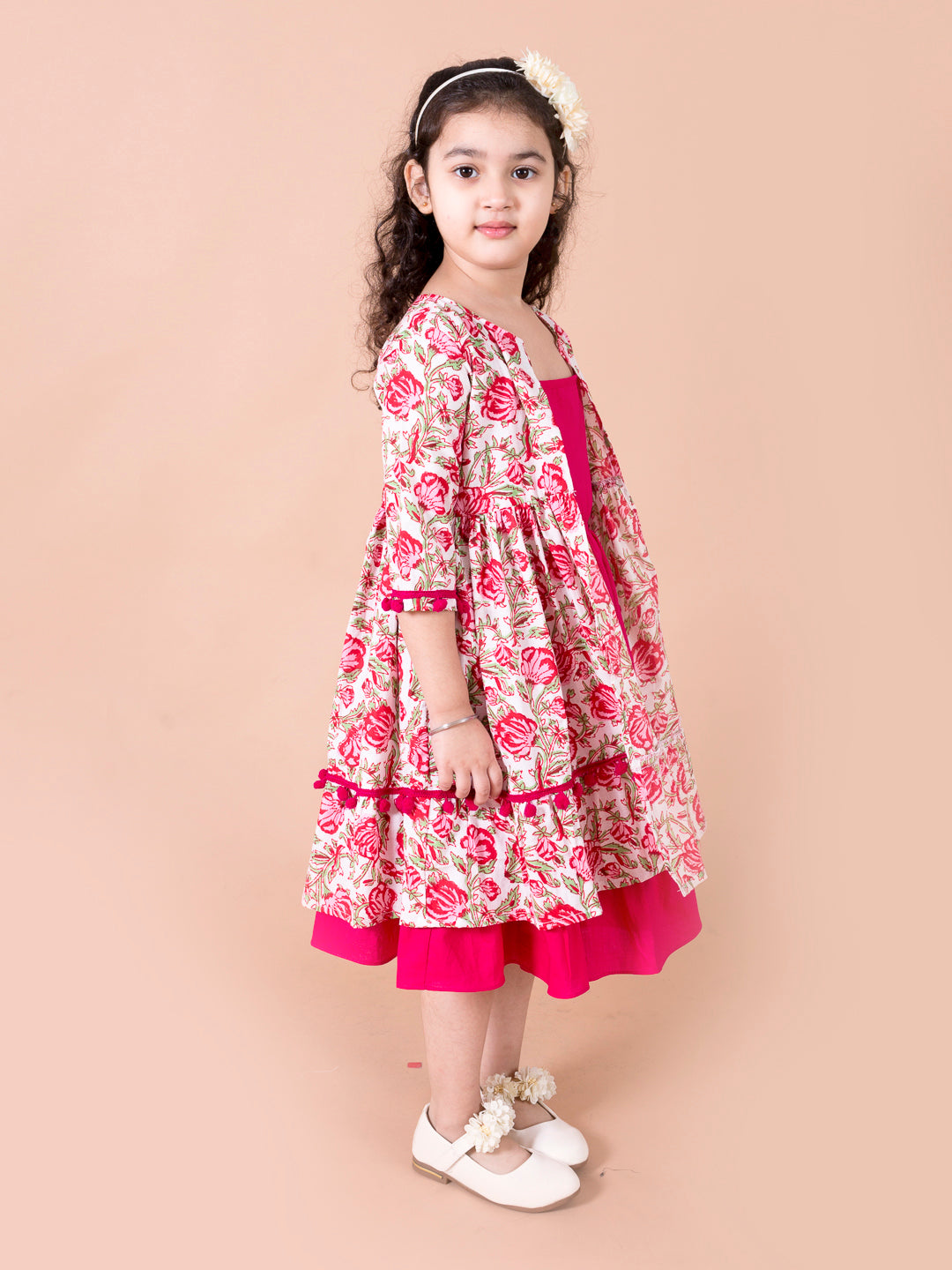Pspeaches Magenta White Floral A-Line Cotton Dress With Attached Shrug (IW-FLORAL CAPE)
