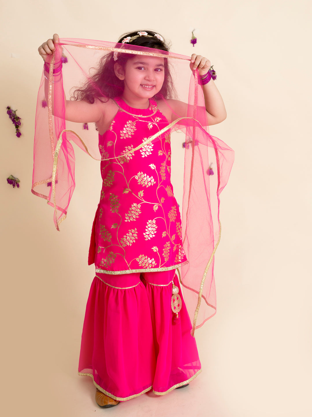Pspeaches Girls Magenta Floral Printed Kurta With Sharara Dupatta (IW-MAGENTA FOIL)