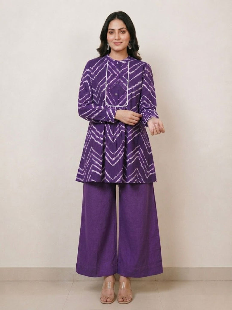 Pspeaches Women Cotton Full Sleeves Mandarin Collar Bandhani Print Kurta With Pant 2 Piece Set - Purple