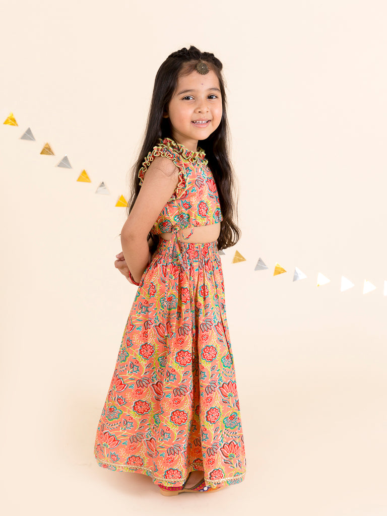 Pspeaches Girls Coral Floral Printed Cotton Flared Lehenga With Choli ( SKU-L-Coralfrill )