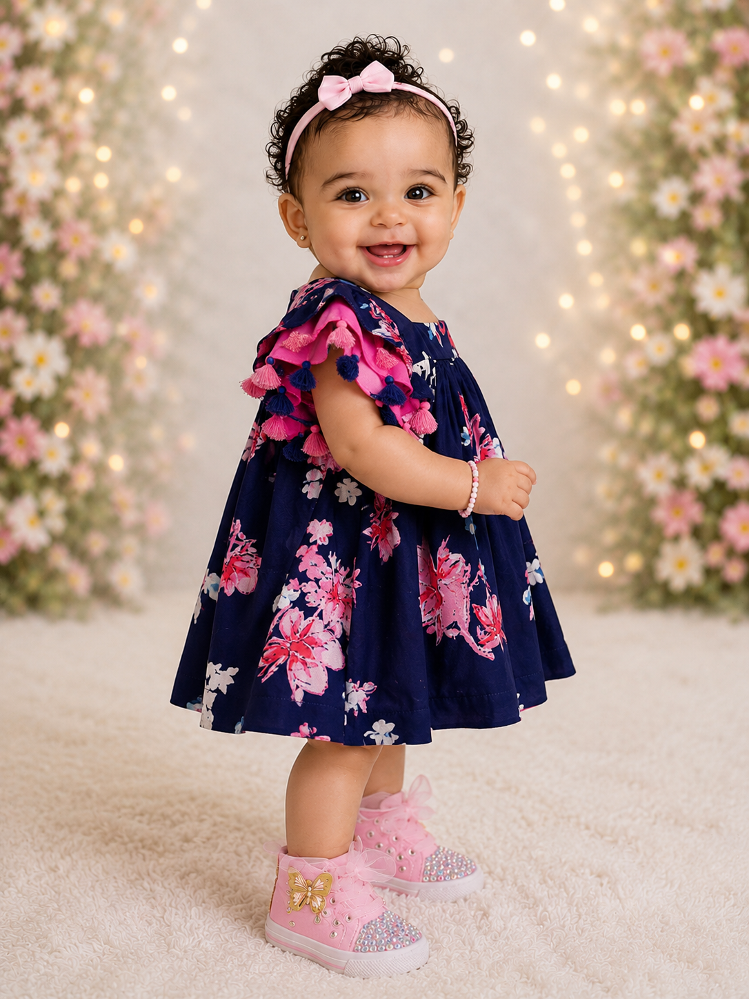 Pspeaches Baby Girl Navy Ethnic Floral Print Rayon A-Line Dress ( Sku-Ing-D-Navyfloraldress )