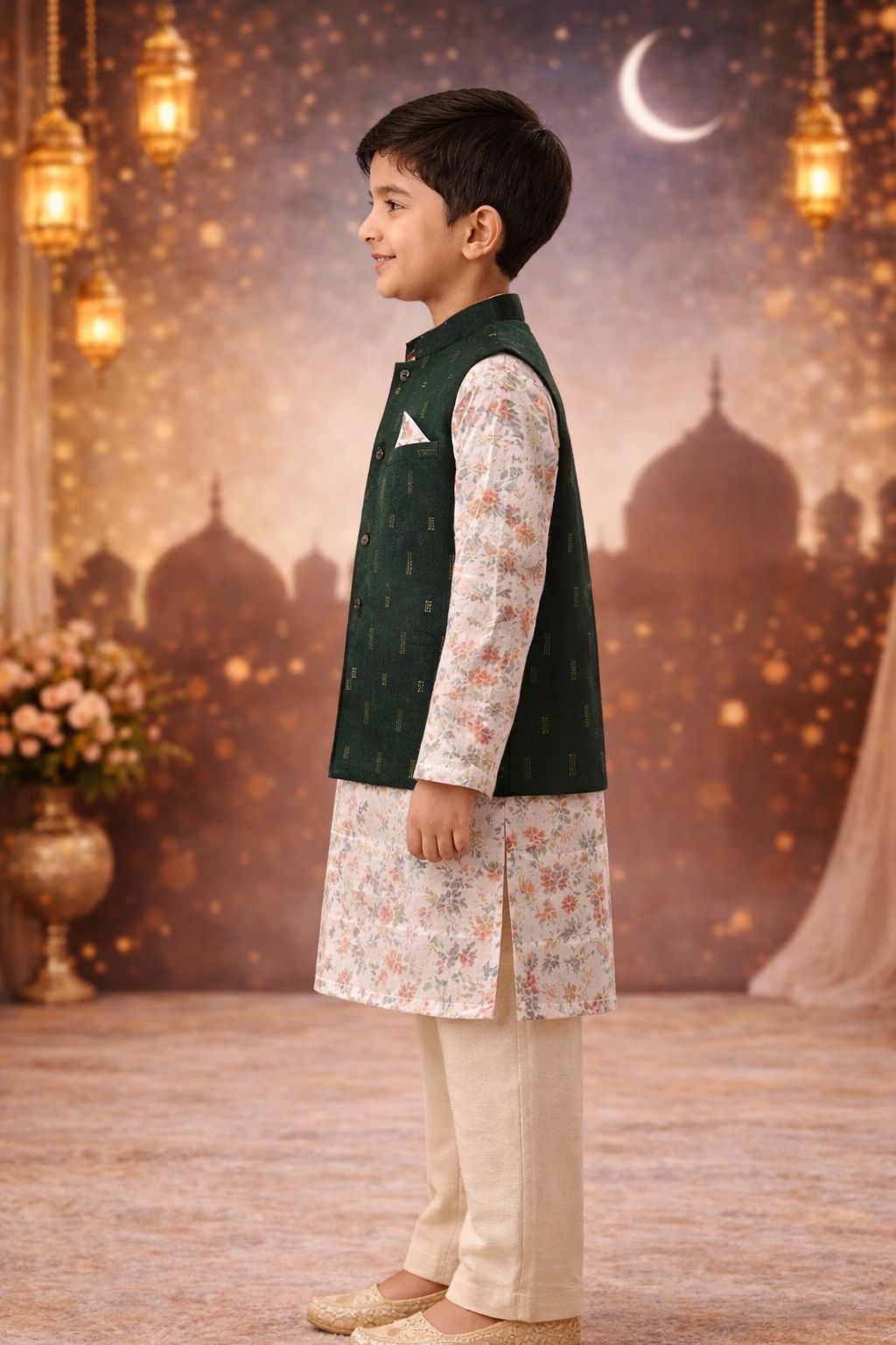 Pspeaches Boys Green & Beige Ethnic Printed Bamboo silk Straight Fit Kurta With Pyjama & Jacket ( Sku-Kp-Beigebamboo )