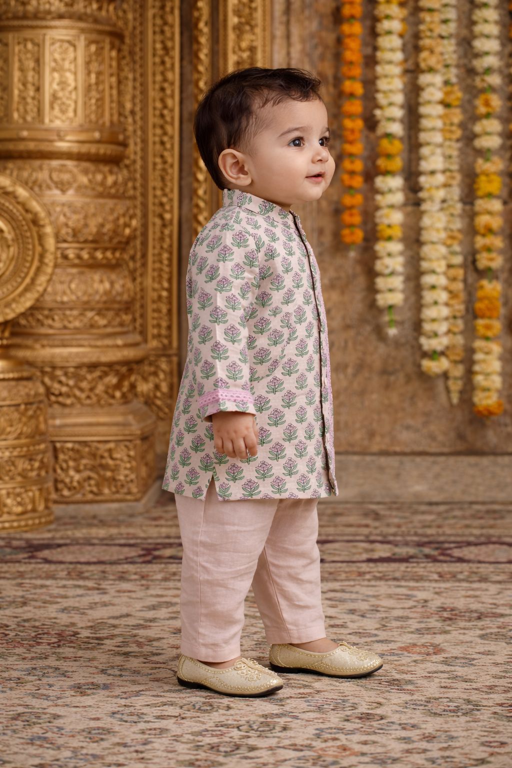 Pspeaches Baby Boys Beige Booti Print Cotton Straight Fit Kurta With Pyjama Set ( Sku-Inb-Pinkbooti )