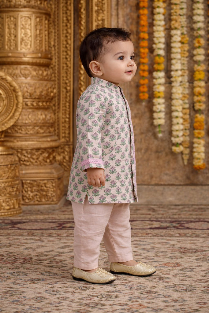 Pspeaches Baby Boys Beige Booti Print Cotton Straight Fit Kurta With Pyjama Set ( Sku-Inb-Pinkbooti )