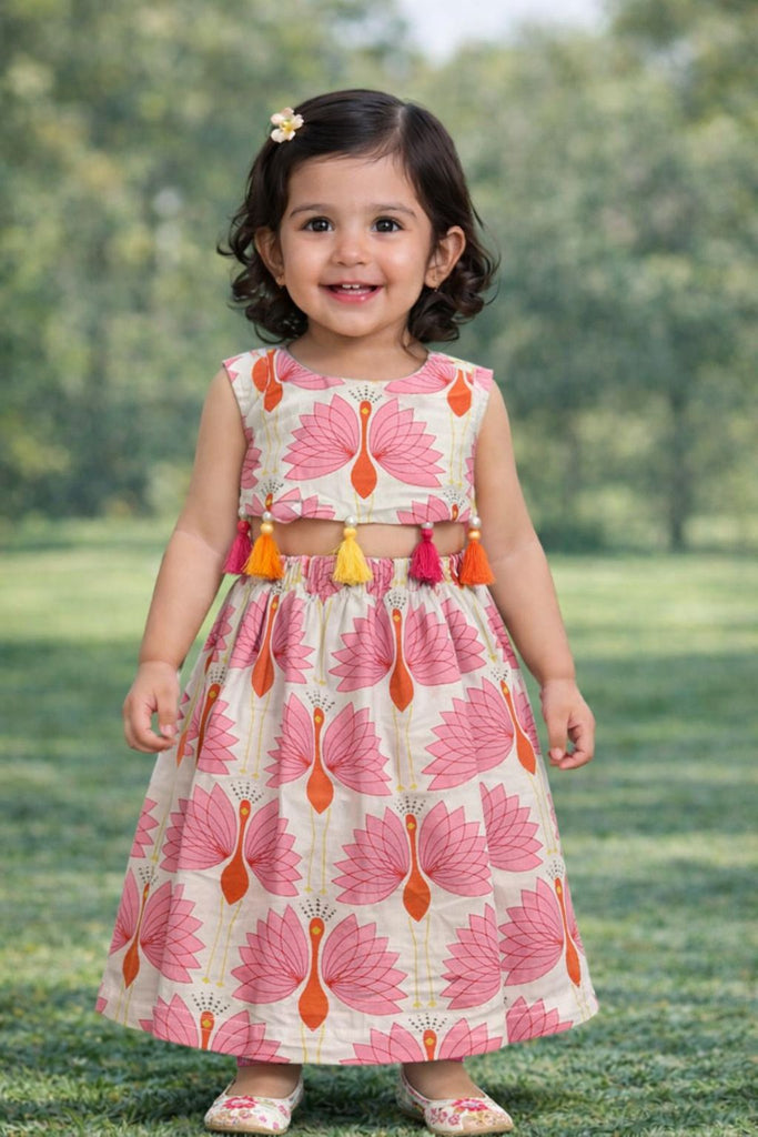 Pspeaches Baby Girls Off-White Ethnic Peacock Print Cotton Circular Lehenga With Choli Set ( Sku-Ing-Lpeacock )