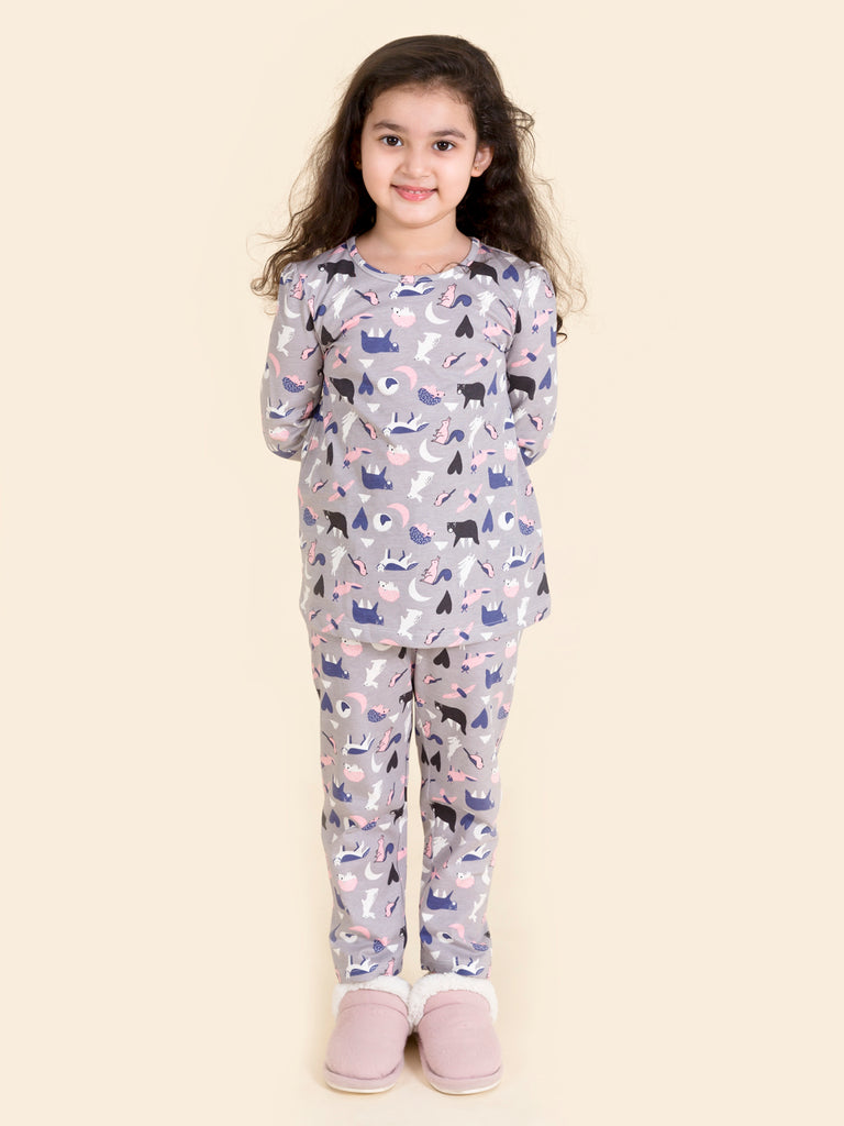 Girls Pack of 2 Pure Cotton Printed Night suits (NW-GreyStoryCombo)