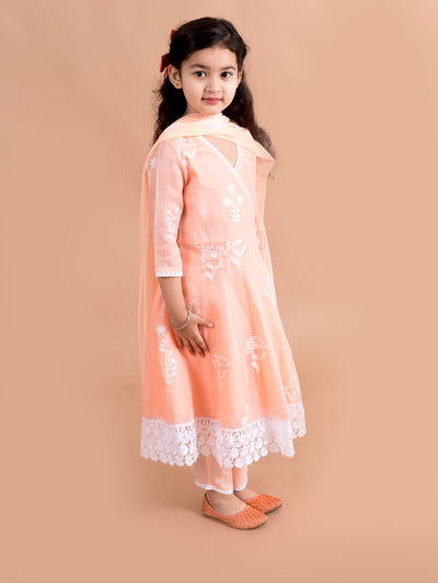 Pspeaches Girls Peach-Coloured Floral Printed Angrakha Pure Cotton Kurta With Trousers With Dupatta (KS-PEACHANGRA)