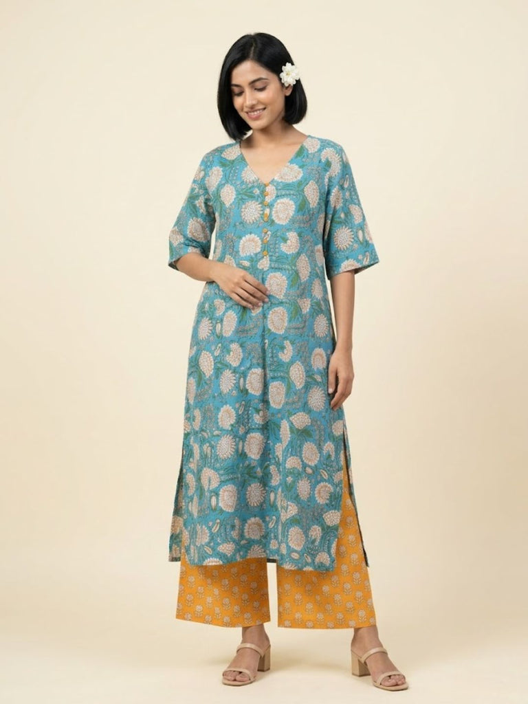 Pspeaches Women Cotton Half Sleeves V-Neck Floral Print Kurta With Pant 2 Piece Set - Blue & Orange