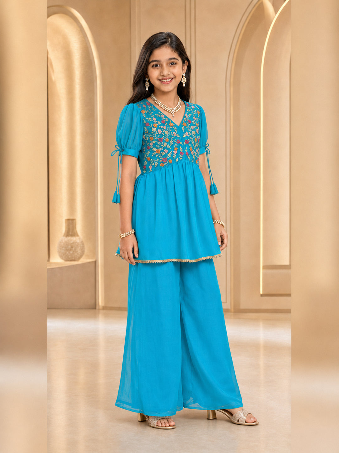 Pspeaches Girls Georgette Half Sleeves V-Neck Embroidered Turq Kurti & Palazzo 2 Piece Set