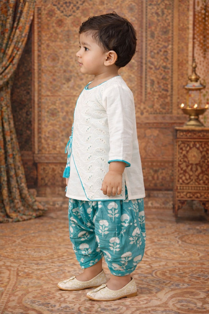 Pspeaches Baby Boys White & Turquoise Embroidered Cotton Angrakha Kurta With Dhoti Pant ( Sku-Inb-Dhotiwhite )