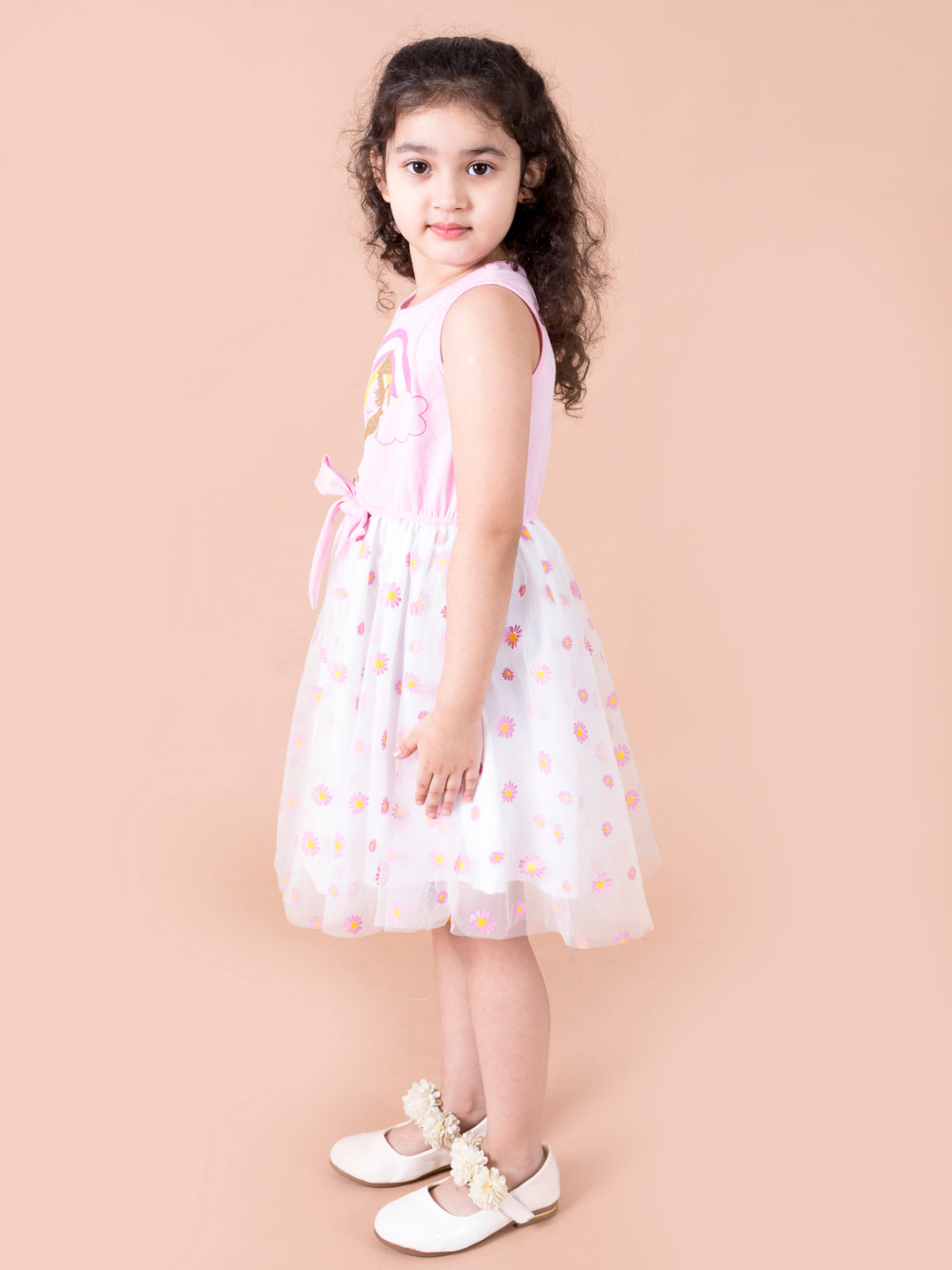 Pspeaches Girls White & Pink Polka Dot Printed Cotton jersey & Net Fit & Flare Dress (SKU-D-Roseuni)