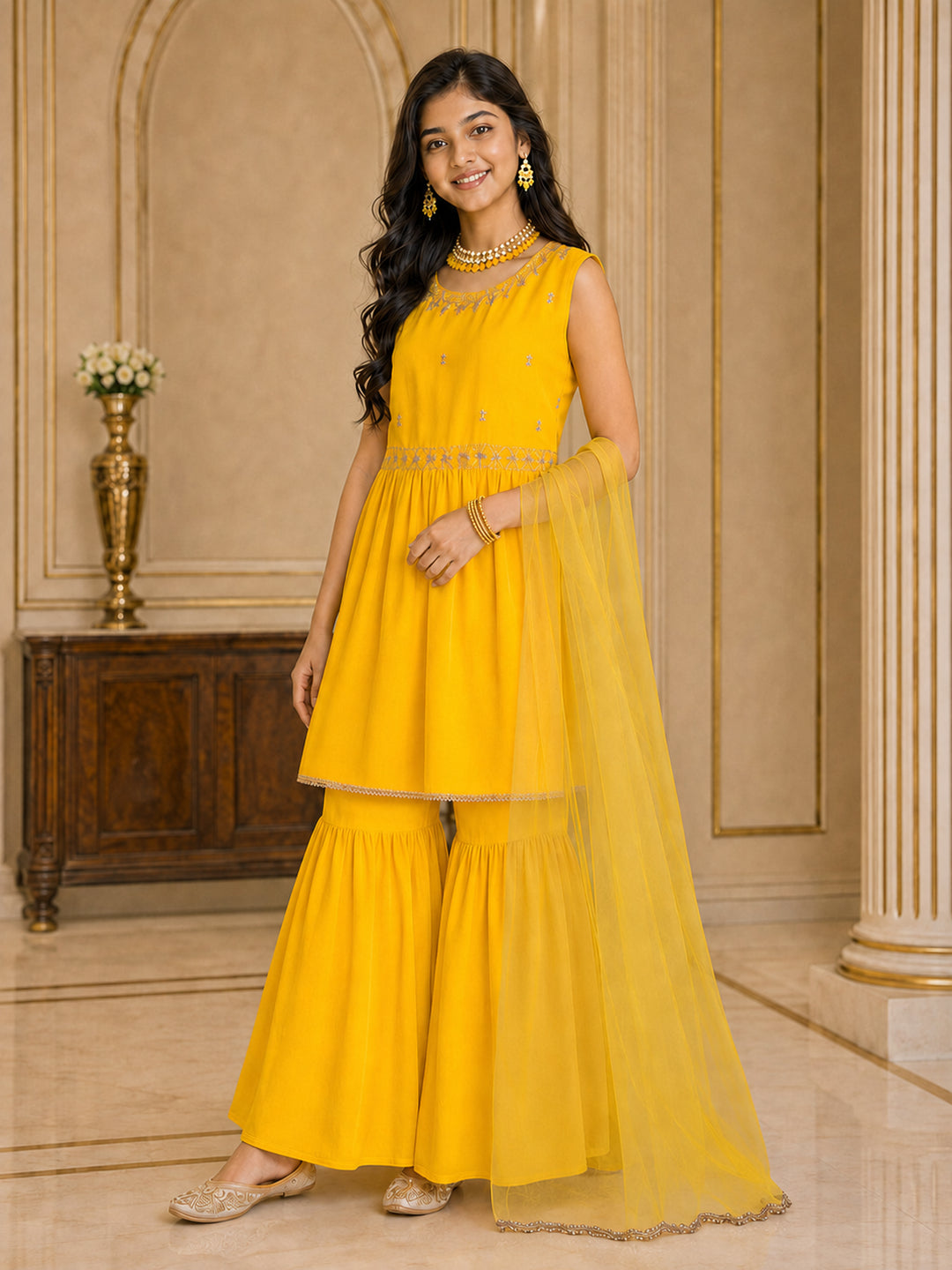 Pspeaches Girls Georgette Sleeveless Round Neck Embroidered Yellow Kurti & Sharara With Dupatta 3 Piece Set