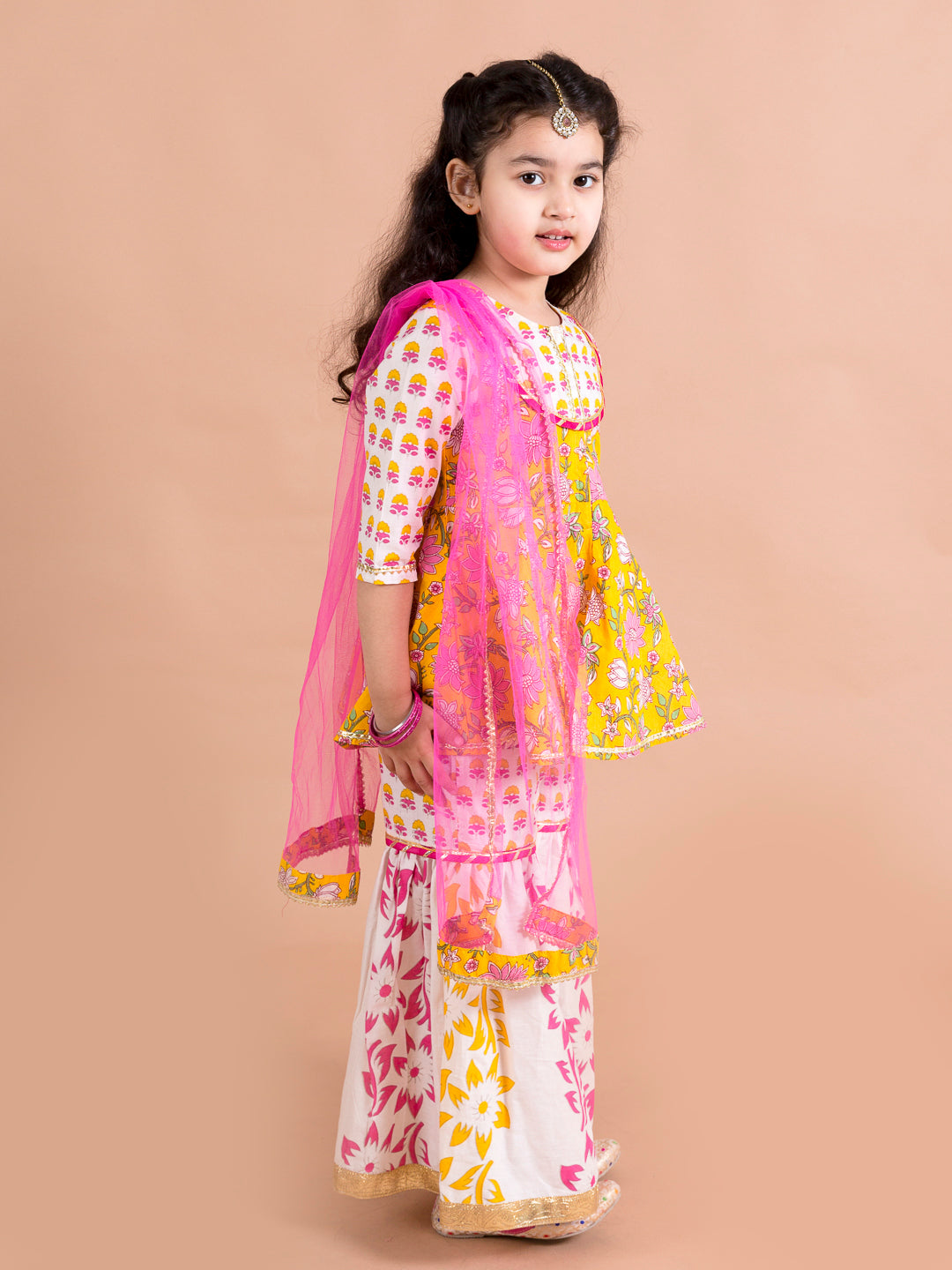 Pspeaches Girls Yellow Floral Printed Pure Cotton Kurti with Sharara & With Dupatta (SHA-Yellowpanel)
