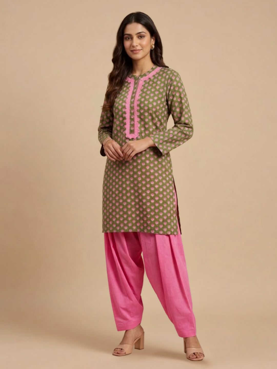 Pspeaches Women Cotton Full Sleeves Round Neck Floral Print Kurta With Pant 2 Piece Set - Green & Pink