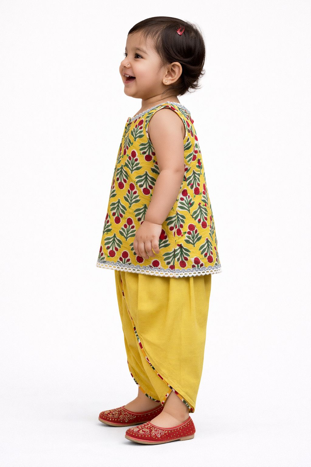Pspeaches Baby Girls Yellow Ethnic Booti Print Cotton A-Line Kurta With Dhoti Pant Set ( Sku-Ing-Yellowbooti )