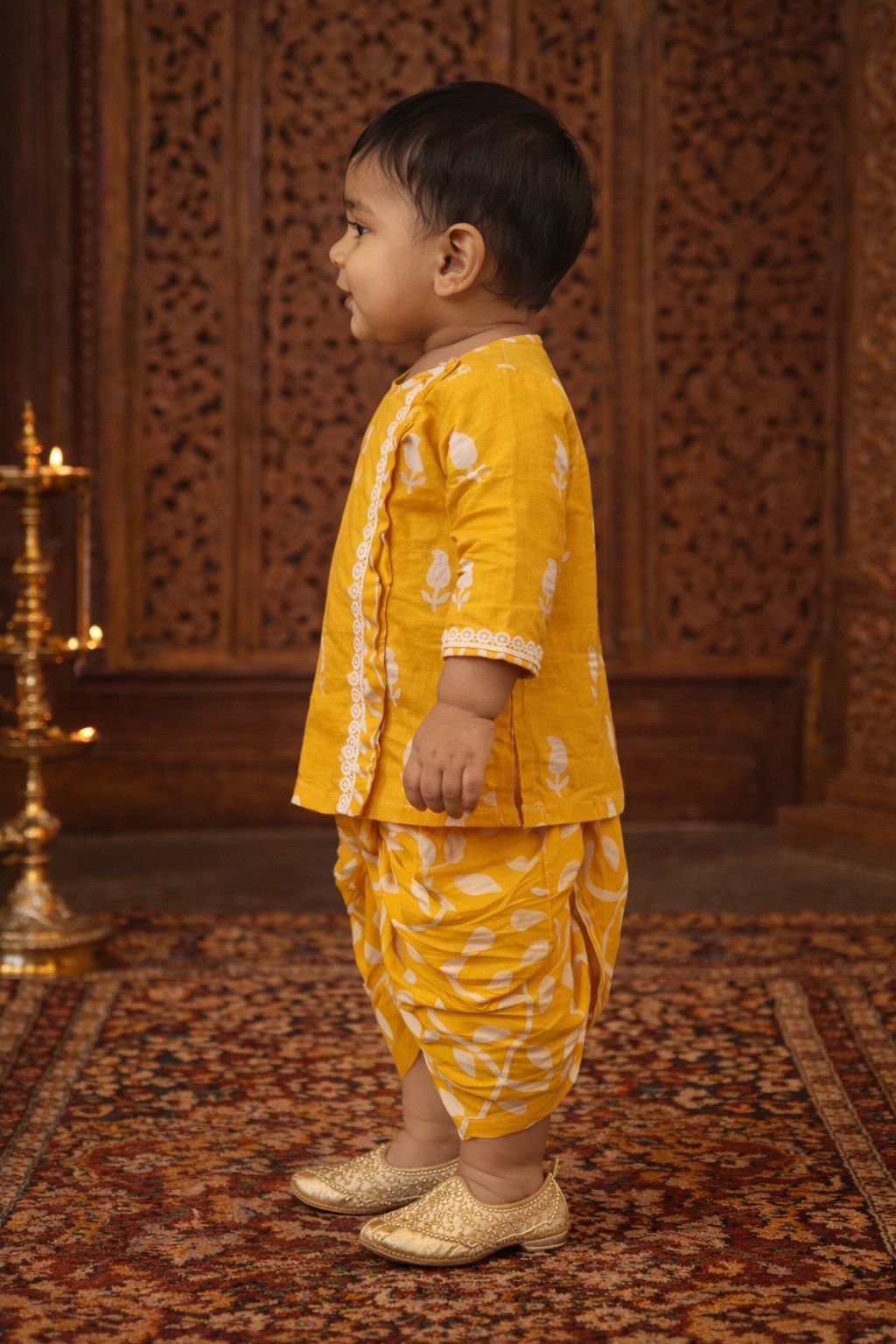 Pspeaches Baby Boys Mustard Booti Print Cotton Straight Fit Kurta With Dhoti Pant ( Sku-Inb-Dhotiyellow )
