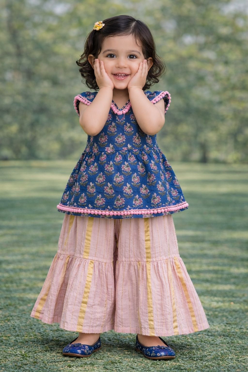 Pspeaches Baby Girls Blue & Pink Ethnic Booti Print Cotton A-Line Kurta With Sharara Set ( Sku-Ing-Bluepink )