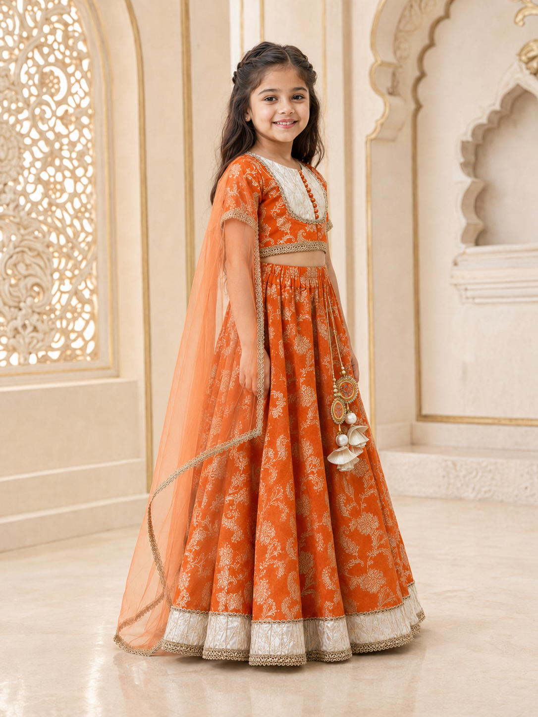 Girls Brocade Printed Fitted Lehenga Choli With Dupatta (L-FLORALORANGEBROCADE)