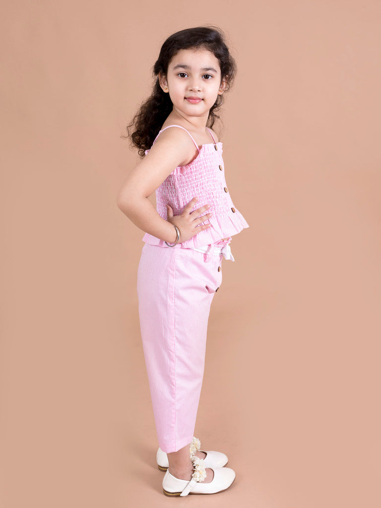 Pspeaches Girls Pink White Solid Co-Ords (S-PINK STRIPES)